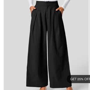 NWT Halara Wide Leg High Waisted Linen Feel 100% Cotton Pleated Black Pants XS